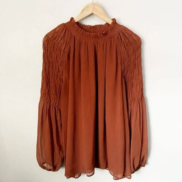 DR2 x NORDSTROM | Rust Orange Red Terra Cotta Blouse Smocked Balloon Sleeve | XL - Picture 1 of 8
